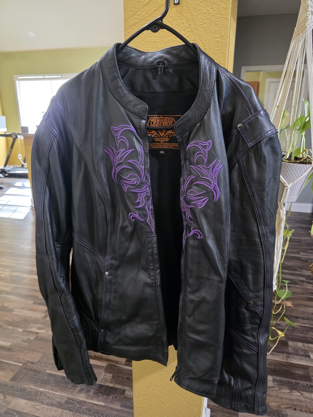 Women's Black Leather Jacket with Purple Embroidery